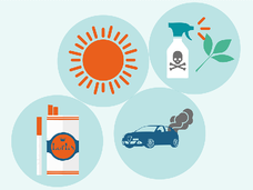 Collage showing sources of cancer-causing substances, including a pack of cigarettes, a sun, a bottle of herbicide, and vehicle exhaust.