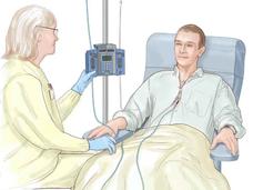 Illustration of a medical professional giving a patient chemotherapy. Both are seated, with the medical professional in scrubs and gloves and the patient in a casual long sleeve shirt sitting in a chair. The machine has two IV bags and one is labeled “Chemotherapy.” On the opposite side of that machine text reads “Patient receives treatment to destroy blood-forming cells.”