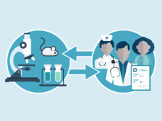 Infographic with science icons (microscope, mouse, test tubes) and medical staff representing patient care.