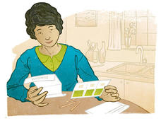 Illustration of a person reading directions at a table in a kitchen.