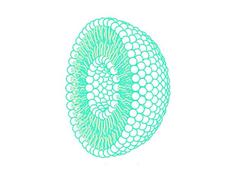 An illustrated cross-section of a liposome. The outside is composed of small spheres that are tightly packed; the inside has small strands coming from the outer spheres touching spheres seen at the core of the liposome. The core spheres also have small strands emitting from them.