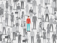 Illustration of a diverse crowd of people in grayscale, with one individual in the center standing out in color.