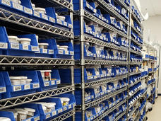 An image of the shelves that house the chemicals in NCI's Developmental Therapeutics Program.