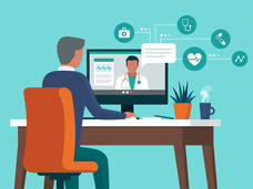 An animated image of a man on a video call with his doctor.