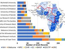A bar chart and a map of Africa illustrate the distribution of research grants among various African institutions. Each bar is segmented by colored sections representing different funding sources: NIH, Wellcome, MRC, CIHR, EC, BMGF, EDCTP, and SRC. The chart shows the University of Cape Town having the most grant records and Muhimbili University having the least. The map shows the largest amount of grants going to South Africa (952), Kenya (414), Tanzania (184), Malawi (121), and Nigeria (119).