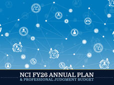  A network of interconnected nodes representing collaboration and research within the NCI community. The graphic highlights the "NCI FY26 Annual Plan & Professional Judgment Budget" in bold white text against a dark blue banner.