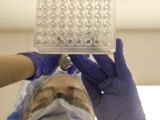 A picture from below of a lab tech wearing a mask, safety glasses, and blue gloves dropping materials from a pipette into a 64-well plate.