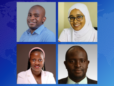 Four headshots in a grid with blue borders