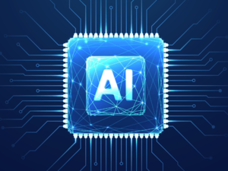Square-shaped circuit board in blue lights with the letters AI in the center.