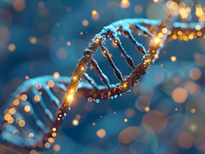 Double helix DNA molecule is shown in three dimensions set against a background of blue and gold.