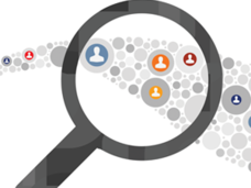 Spyglass hovers over a stream of circles containing illustrated headshots; signifies the idea of matching people to specific cancer treatments. 