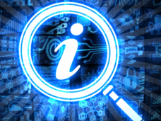 Abstract blue technical background with a magnifying glass focused on the letter 'i'.