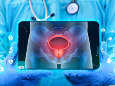 A doctor presents a laptop displaying a prostate image. Small icons around the laptop represent items found in clinical medicine, including a syringe, a microscope, medical scans, a doctor’s bag, and a nurse’s cap. Denotes the idea of bringing technology into clinical practice.