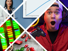 several pictures representing various ambiguous terms in cancer and data science including a person playing a video game, hot peppers, DNA sequencing, a graph, and a child watching a cartoon. 