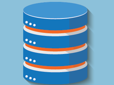 Database vector icon with alternating blue, orange, and white discs.