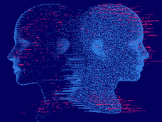 Artists conceptualization of a digital twin. Shows the mirrored image of two heads. The only difference is one head is filled in with dots whereas the second head has spaces missing.