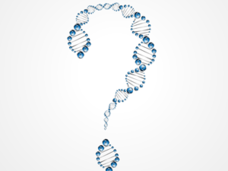 Double stranded DNA forms a question mark. Denotes the study of genetics for better understanding how cancer develops and progresses.     