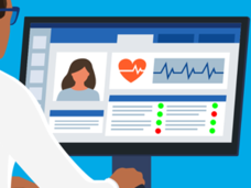 Illustrated doctor studies a computer screen displaying a patient’s electronic heath record. The record includes the patient’s picture, heart information, and other text representing her overall health and well being. 
