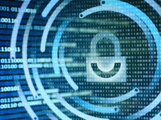 Dark background with floating zeros and ones with a lock off to the right, depicting data security and privacy.