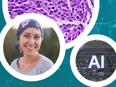 Image of a woman with a head covering an image of cells above her and the text AI to the right of her 
