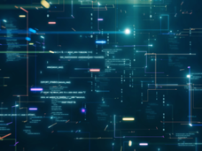 Colored lines and shapes are highlighted against a dark background. Depicts the topic, "bioinformatics,” a technology that uses a computational approach to find new healthcare solutions.