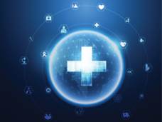 medical plus sign symbol surrounded by digital health themed icons.