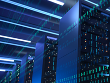 Data center full of rack servers and super computers in rows.