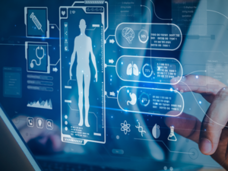 holographic icons representing various types of medical imaging data, with a person with a finger raised to tap one. 