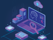 open laptop with a picture of a brain and data charts on the screen. There are also other data themed icons including a data cloud, gears, and a magnifying glass.