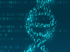 Teal DNA strand made up of code