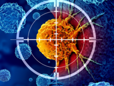 A cancer cell is highlighted in orange against a blue background that consists of other cancer and immune cells. The orange cell is in crosshairs, indicating that it’s being targeted for destruction.