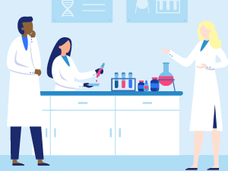Three illustrated scientists wearing lab coats and working with tools in a lab. Tools include a beaker, bottles, test tubes, and a pipette. Posters on the wall behind the scientists show DNA, flasks, and test tubes.