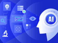 Head with the letters “A.I” shows how AI can help “see” research in a new way. The head is focusing on icons that represent pathology, research, imaging, and ideas—all of which come together to create a new perspective for cancer research. 