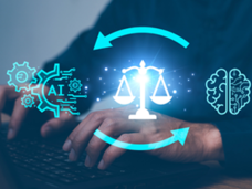 Graphic depicts the evaluation of AI. A scale is shown at the center of the graphic. The scale weighs the accuracy of AI (“accuracy” positioned to the left of the scale and depicted as the letters “A-I” within cogwheels) and the results/what’s learned of AI (“results” positioned to the right of the scale and portrayed as a human brain). Arrows encircle the top and bottom of the scale, illustrating a cycle. 
