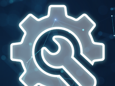 Gray gear on an abstract blue background with a gray wrench in the center of it.