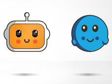 Artist's rendition of data and artificial intelligence. Shows a small blue circle with a big smile to represent data and an orange rectangle with an antenna on top, also smiling, to represent AI.