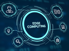 Button with the words "Edge Computing" in the center and surrounded by icons that are important for this technology. These icons include a person (to signify the user), a lightbulb (to show an idea), a spyglass (to show research or questions), a hand with dollar signs (to show economics), a graph (to show how research is used to yield solutions), and a series of lines and cogs (to show how the system works). 