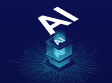 Image of a small square that reads "AI" in white, with larger letters reading "AI" above it floating in the air. Blue bacground.
