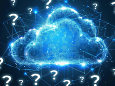 Brightly colored cloud is surrounded by question marks. Depicts the idea, "Is the Cloud for me?"