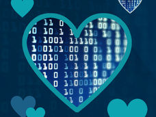 Numerical data points within a heart graphic, surrounded by other hearts. All shades of blue.