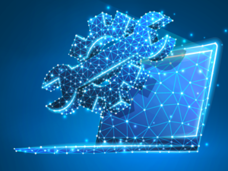 interconnected data points forming the shape of an open laptop with a gear and a wrench icon overtop