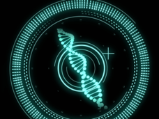  A strand of DNA is shown inside a brightly colored circle. A second circle highlights a portion of the DNA and is designated by an “+”. Depicts how high-tech tools are being used to better understand genetics.