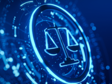 Scale set against a background of high-tech imagery, including a bright circle and smaller lines connected by dots. Denotes the idea of bringing balance to biomedical data sets. 