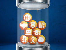 Illustration of a clear-glass capsule that houses multiple balls that depict icons referencing data types. This includes icons of statistics, childhood cancer, cloud, and partnerships.