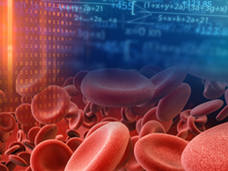 In the foreground, stacked red blood cells. In the background, numbers, letters, and mathematical equations.