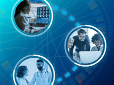 Three circles depict three separate but connected events. The first features a researcher looking at medical scans, the second is a team gathered around a laptop, and the third shows a doctor with a patient.