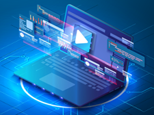Illustration of laptop overlayed with holographic applications and browsing windows; the background is an illuminated circuit board, symbolizing computational processing.