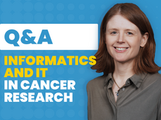 Promotional image text on the left and headshot of Dr. Juli Klemm on the right. The text reads: Q&A Informatics and IT in cancer research