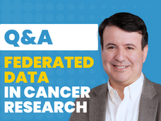 Professional headshot of Dr. Umit Topaloglu positioned on the right while text on the left reads: Q&A federated data in cancer research