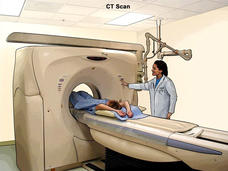 A patient holds their arms up while going through a CT scanning machine. A smiling doctor, with one hand on the CT machine, looks down at the patient. 